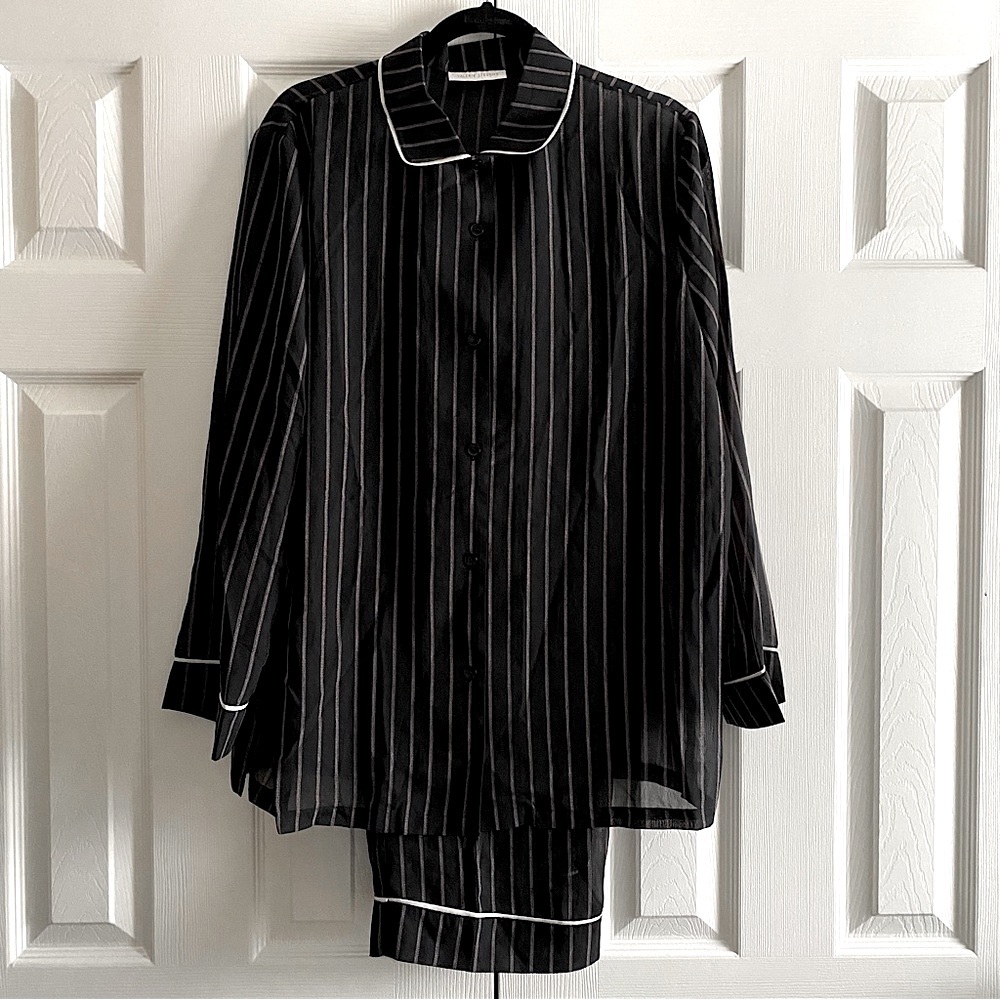 VALERIE STEVENS LONG SLEEVE STRIPE PAJAMA SET DRAWSTRING WIDE LEG PANTS Black L